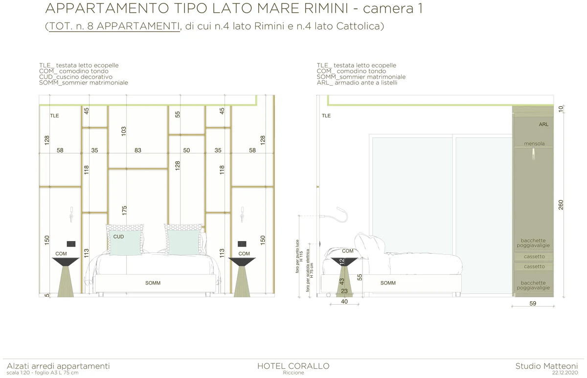 Disegno tecnico esecutivo dell'arredo camera, Hotel Corallo (Riccione)